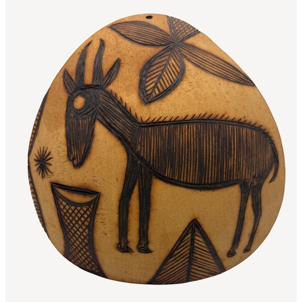 Hand Carved Peruvian Gourd Wall Art Pair Pyrography Fish Antelope Folk Decor - Picture 3 of 9